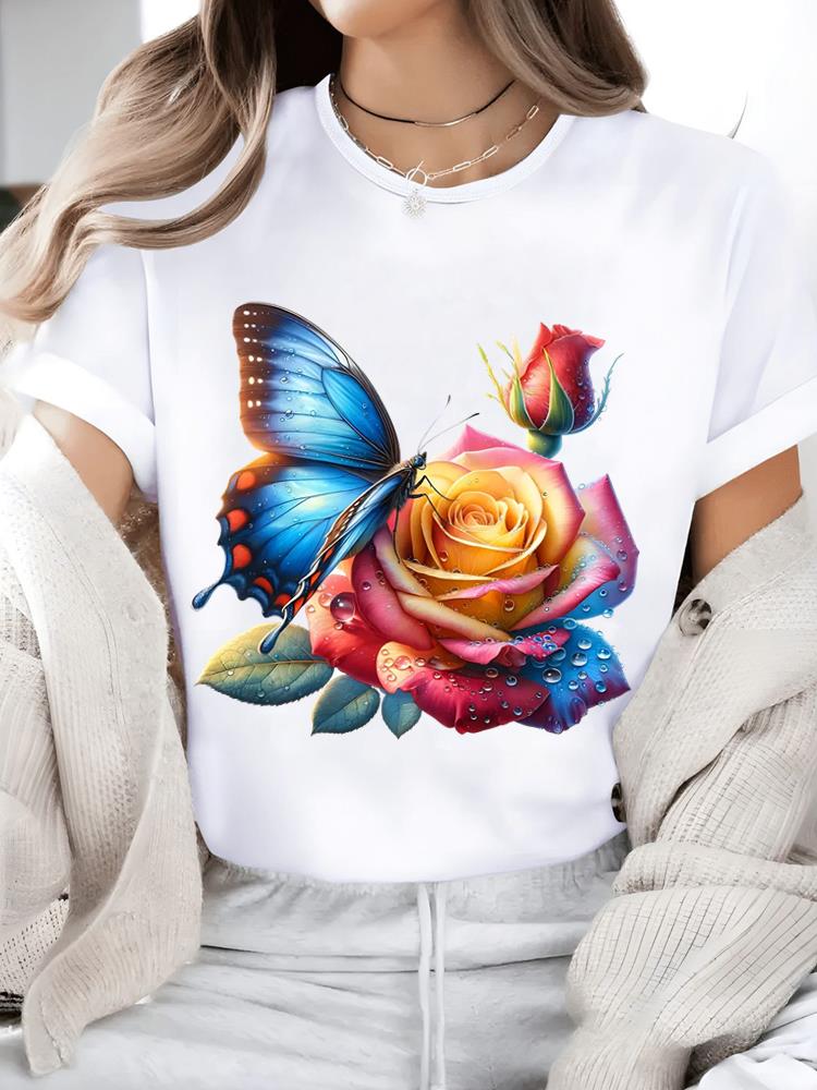 (Asian Size) Watercolor Flower Trend 90s Print Short Sleeve T-shirts Fashion O-neck Female Casual Women's Top T Clothing  Graphic Tee