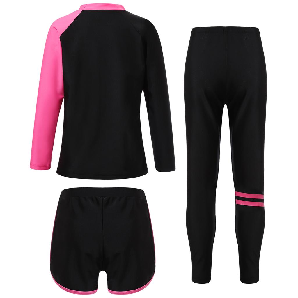Unisex 3-teiliges Schwimmset Langarm Rashguard Oberteil Badeshorts UV-Schutz Hose Sonnensichere Bademode