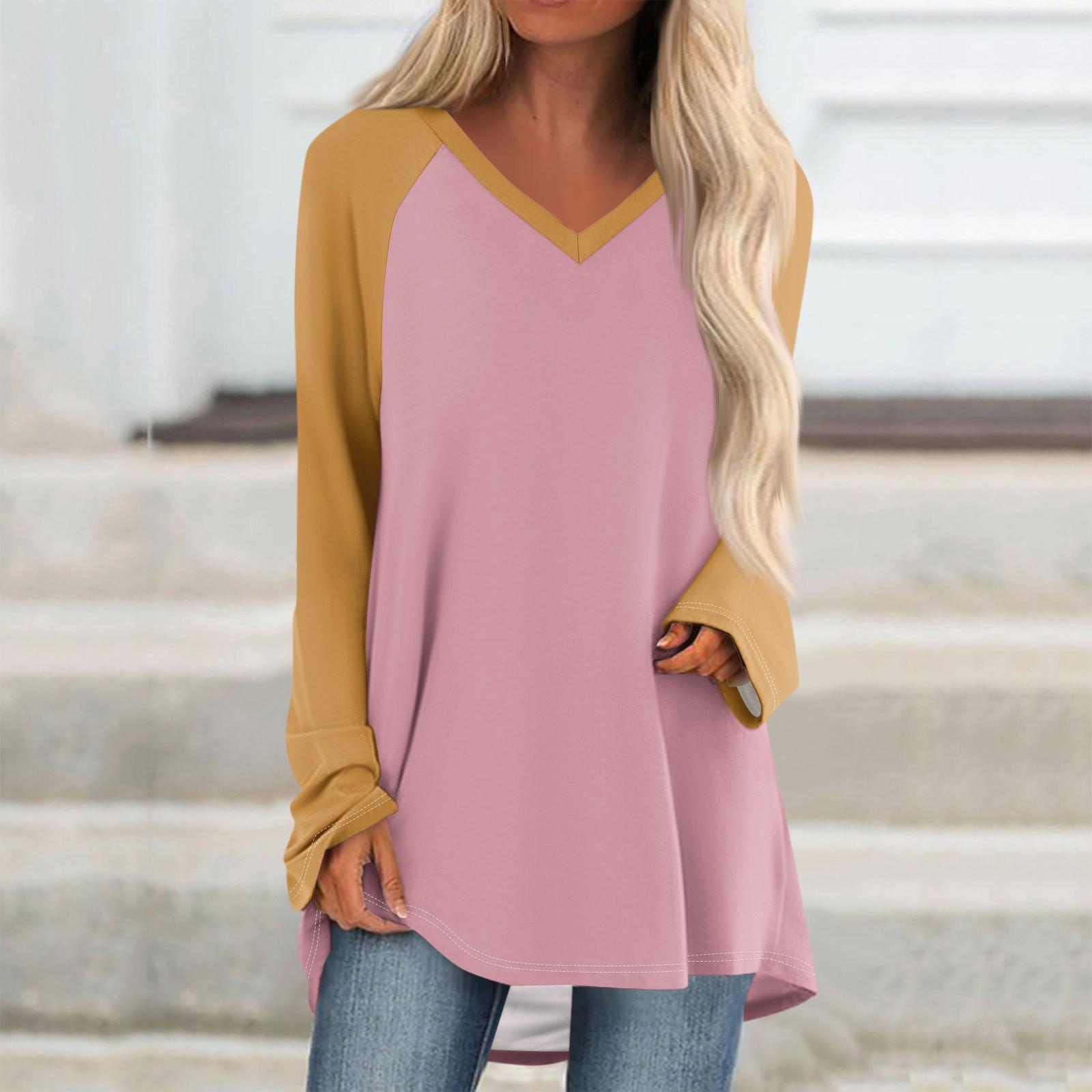 

Женская повседневная свободная длинная футболка с длинным рукавом и V-образным вырезом, с принтом, для зимы XXXL розовый