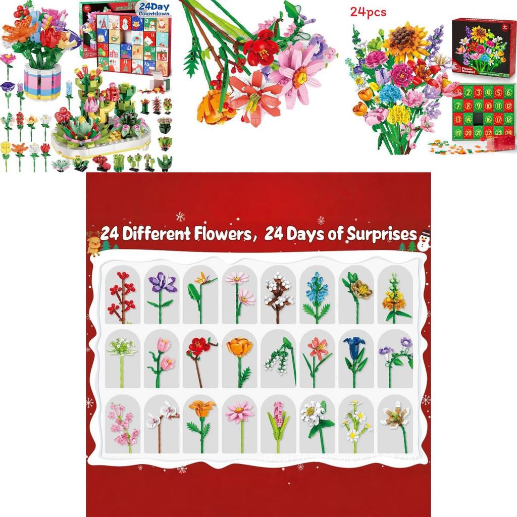 Bloemenboeket Kerst Aftelkalender Adventskalender Blind Box Blokkenset Met Doe-het-zelf Plezier Voor Huis Vakantie Decoratie