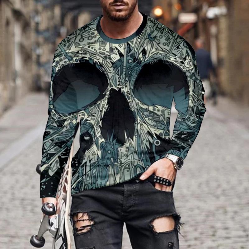 Frühlings- und Herbst-Rundhals-Totenkopfmuster 3D-bedrucktes Oberteil Modische lässige langärmelige Herren-T-Shirts