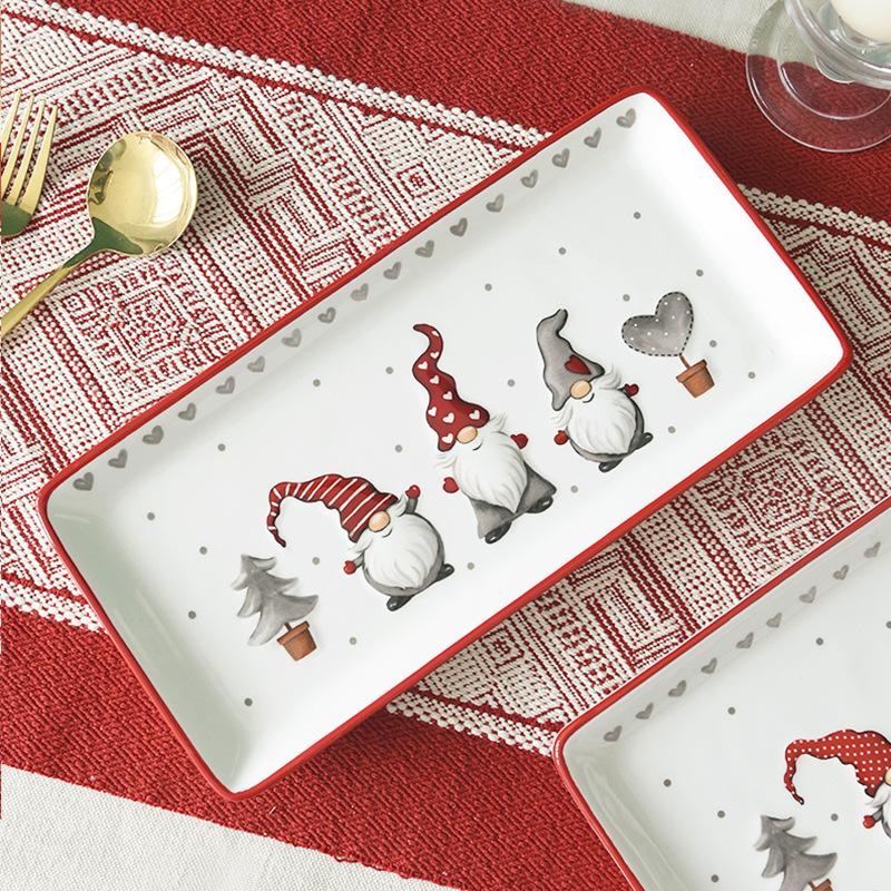 Christmas Ceramic Rectangular Plate Santa Relief Pattern Kitchen Household Tableware Shallow Plate Creative Western Steak Plate