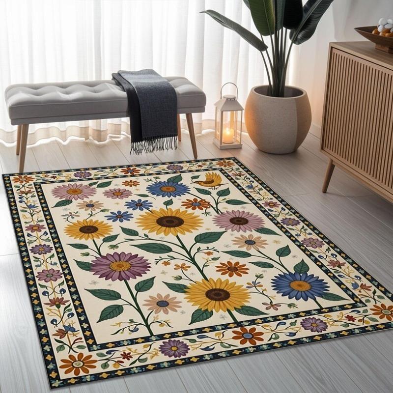 Sunflower Pattern Carpet Country Style Fall Decor Rug Home Decoration Floral Border Mat Non-Slip Floor Mat Living Room Bedroom