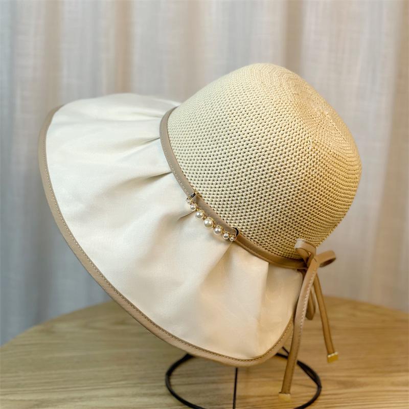 Summer Hat Women Beads Rope Chain Bucket Hat Sunshade Breathable Wide Brim Sun Hat Beach Accessories Sunhats Ladies New