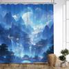 1Pc Mystical Mountain Bath Curtain - Nighttime East Asian Village With Blue Glow Waterfalls, Snow-Capped Peaks & Full Moon Fanta