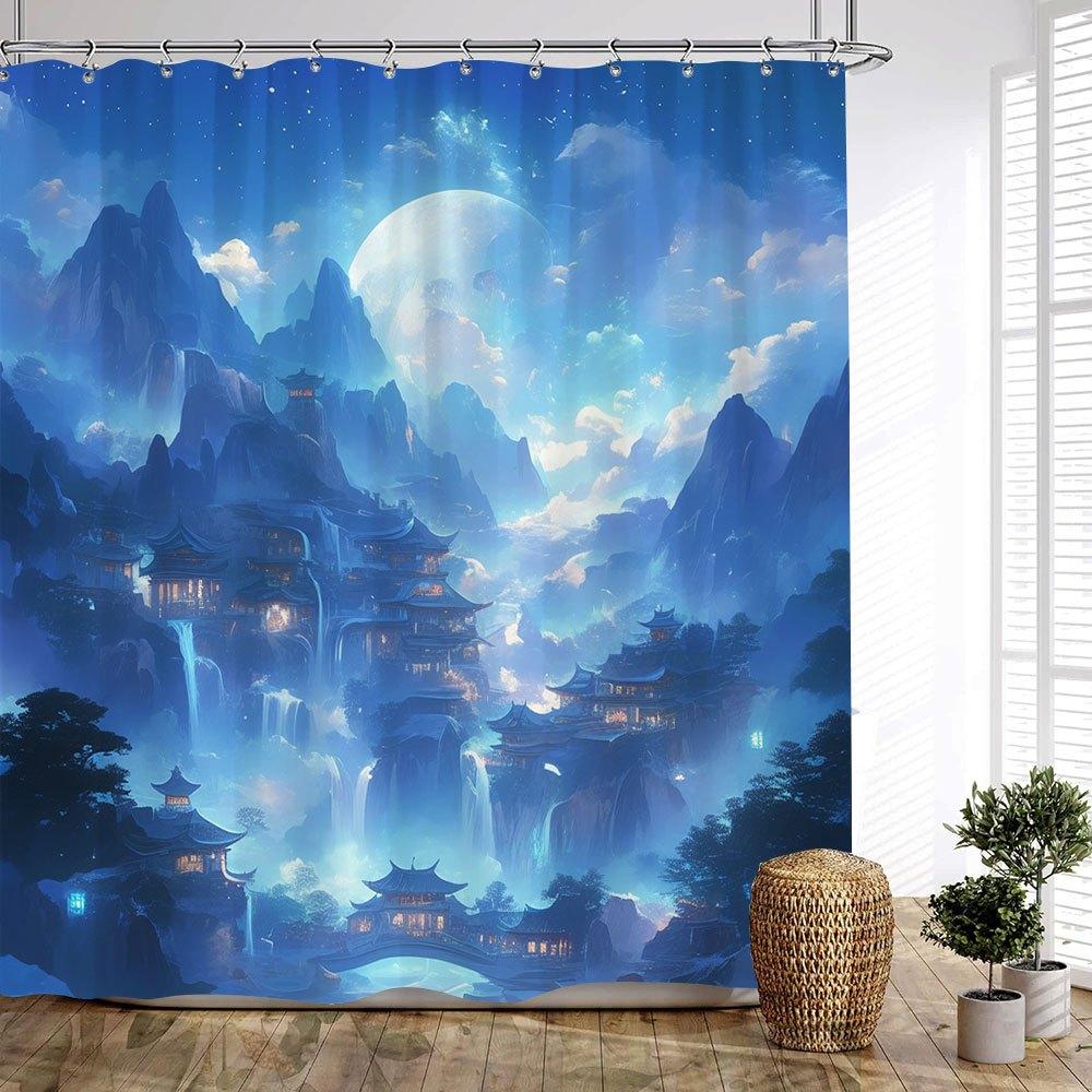 1Pc Mystical Mountain Bath Curtain - Nighttime East Asian Village With Blue Glow Waterfalls, Snow-Capped Peaks & Full Moon Fanta