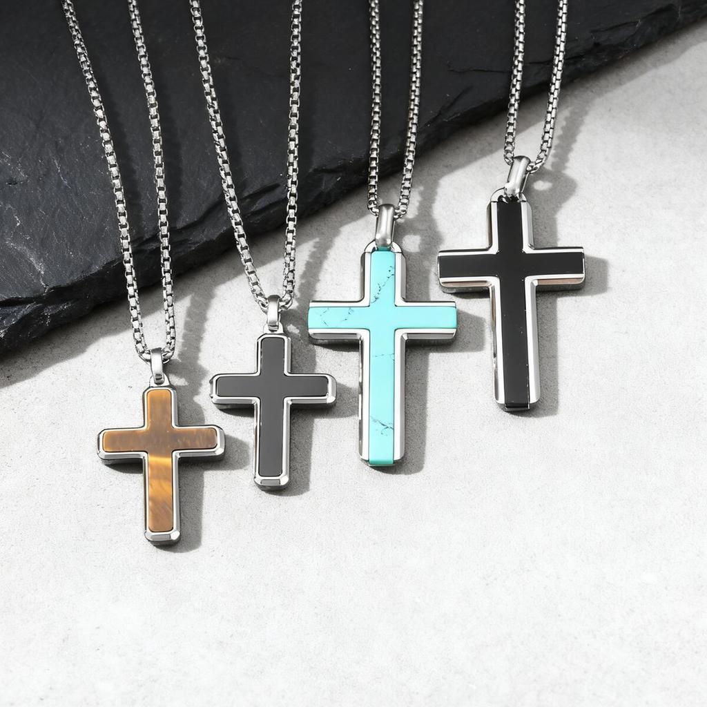 Stylish Men's Natural Black Onyx Cross Necklace,Waterproof Stainless Steel Cross Pendant,Christmas Valentine's Day Gift