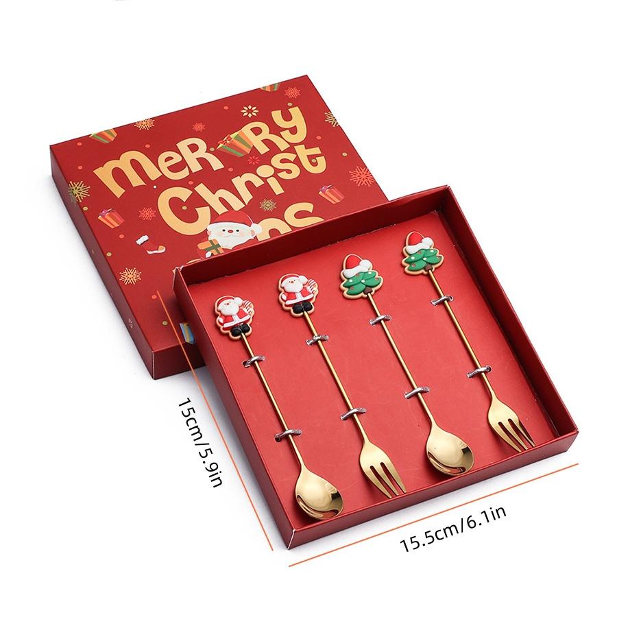 4Pcs Stainless Steel Christmas Coffee Spoon Forks Set with Exquisite Paper Box Stainless Steel Gold Xmas Dinner Tableware
