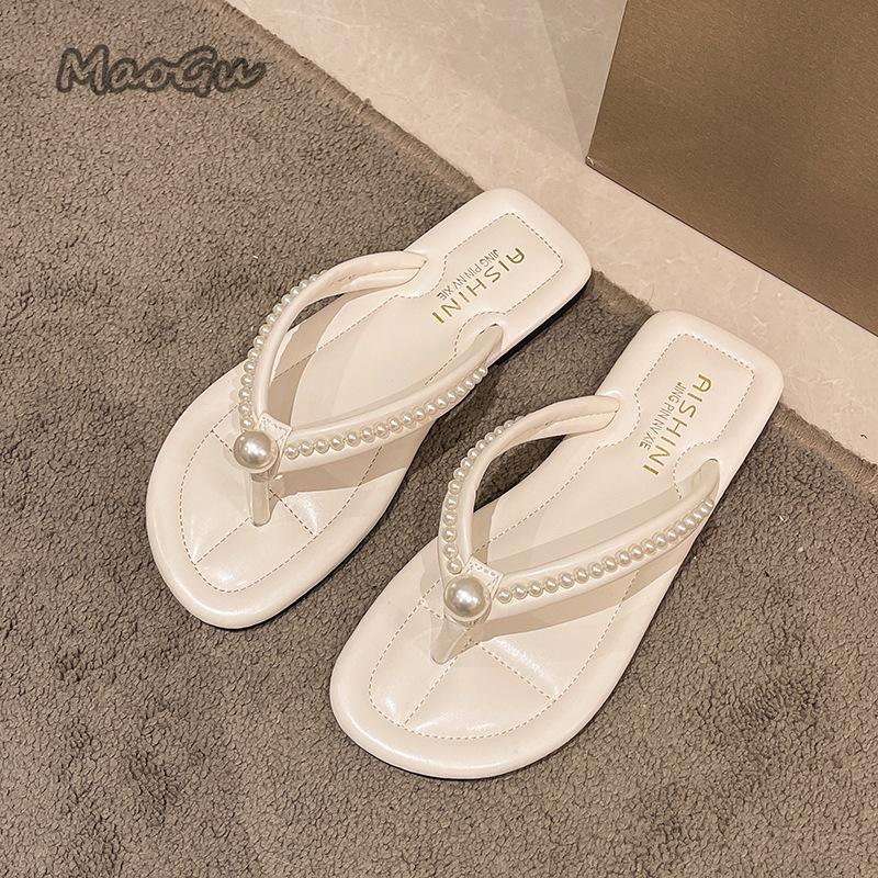 Fashion Women's Beach Sandals Flat Bottom Anti-Slip Fashion Summer Soft PU Flip-Flops Pearl Beaded Comfortable Shoes Sandalias De Mujer