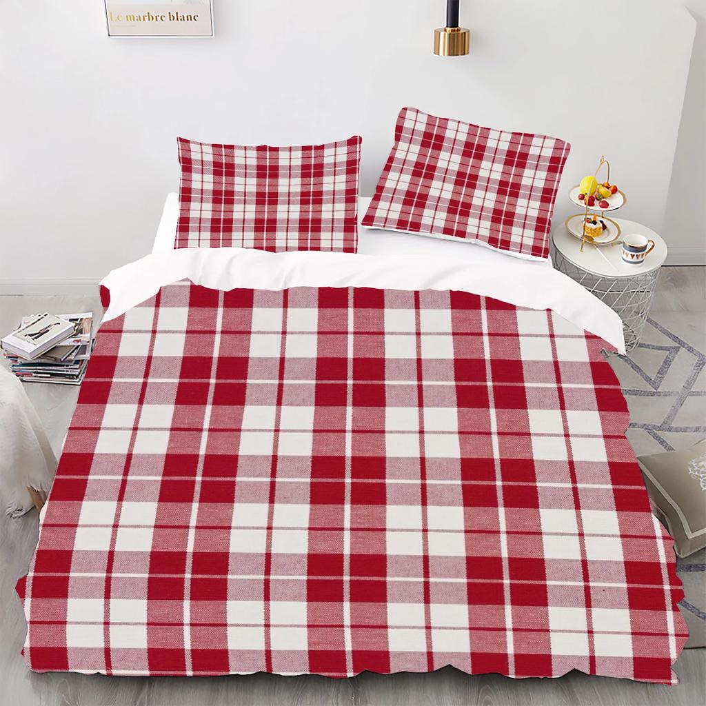 Red Plaid Style Digital Printed Duvet Set - Polyester - Bedroom Decor -1 Bed Cover +2 Pillowcases (No Pillow Core)