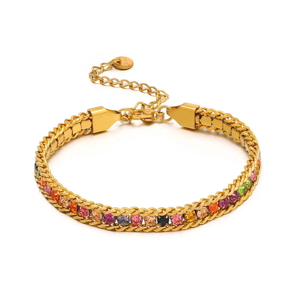 1pc AAA Cubic Zirconia Stone Bracelets Gold Color Stainless Steel Metal Chain Bracelet for Women Punk Hip Hop Jewelry Wholesale