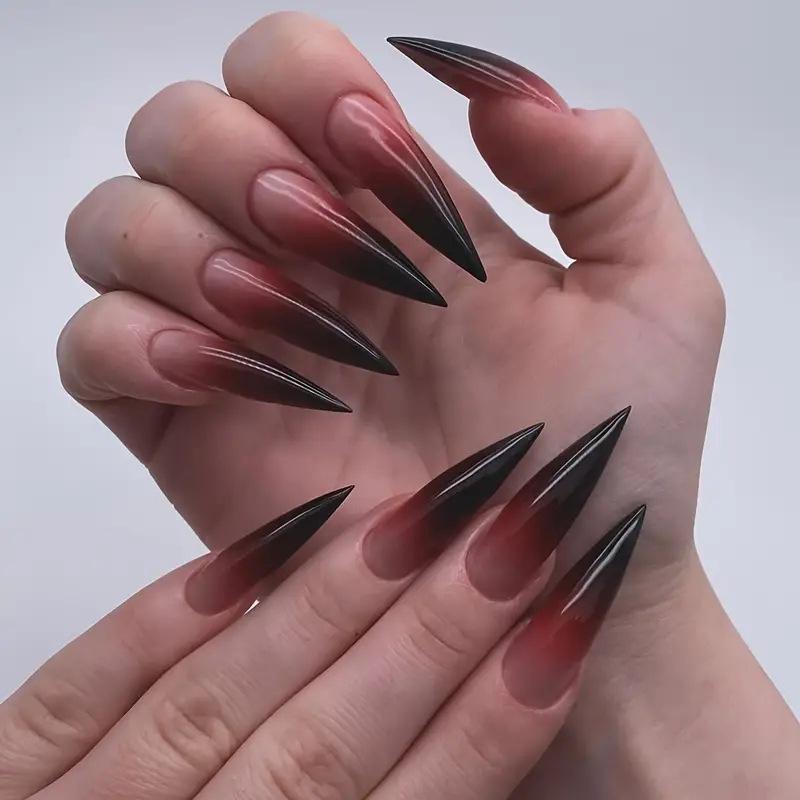 24pcs Glossy Black Fake Nails Set Press On Nail Tips Solid Color Long Stiletto Removable Artificial Nails Decoration Nail Art