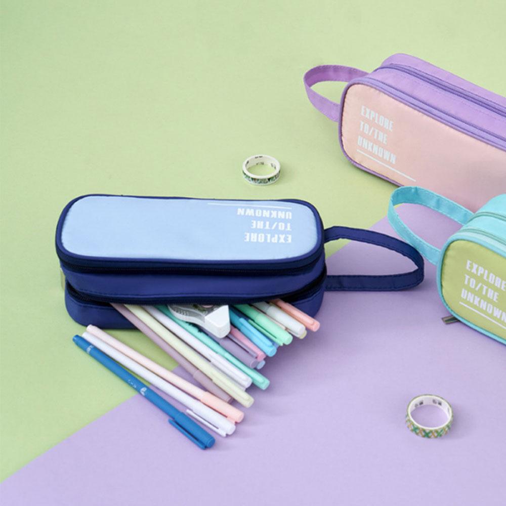 Candy Color Handheld Large Capacity Pen Bag Double Zipper Student Stationery Bag Multifunctional Pencil Case