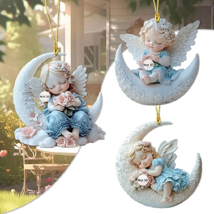 2D Angel Baby On Moon Acrylic Pendant Keychain Bags Charm Car Hanging Ornament Gift For Holiday Homes Office Decors