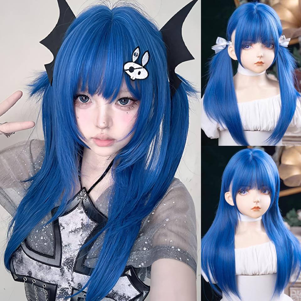 

Синий многослойный синтетический парик Лолиты Пушистый длинный прямой парик с челкой Подходит для женщин для ношения на Хэллоуин и Рождество 60cm