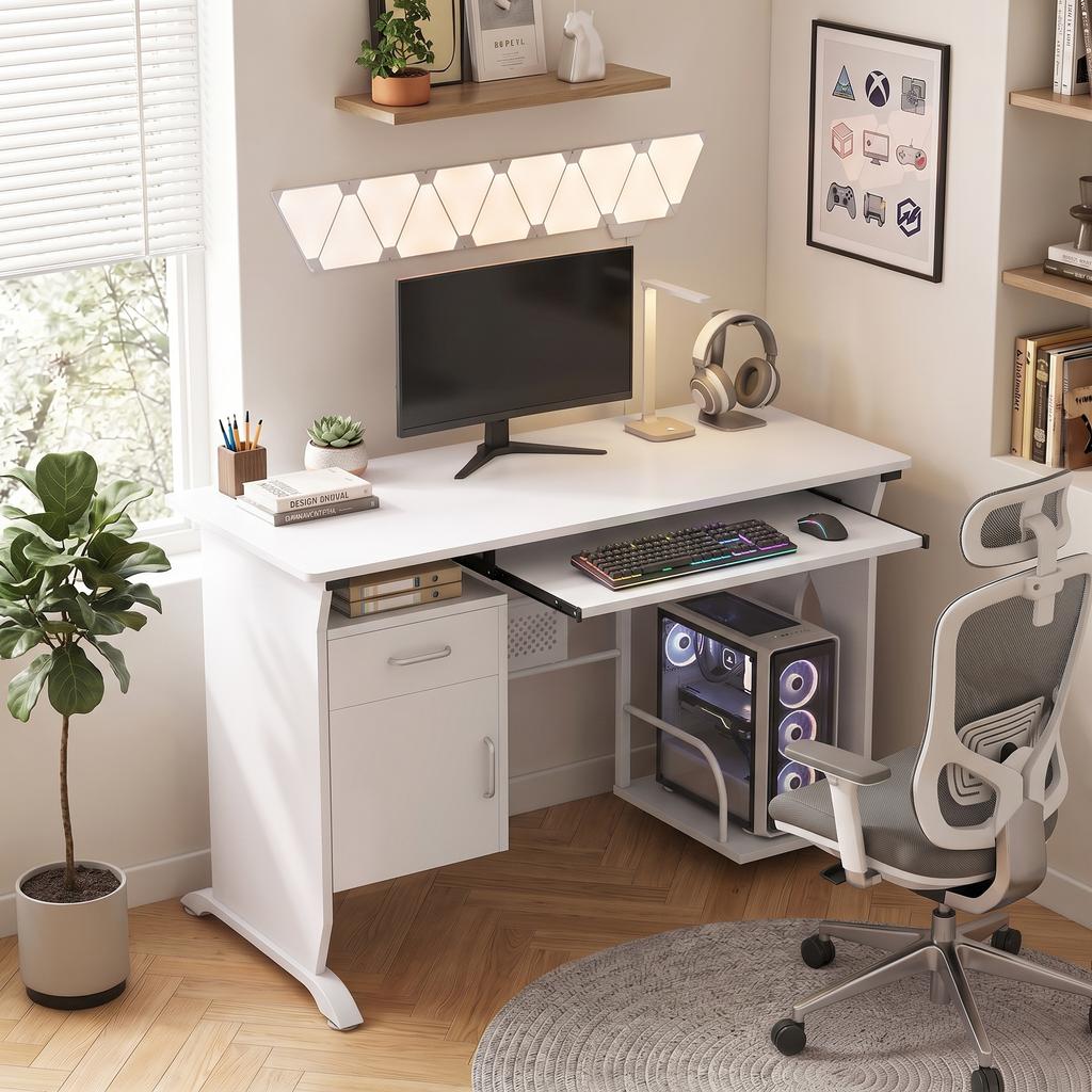 Computer Desk, 100 x 52 x 75 cm, Sliding Keyboard Tray, Drawers, CPU Holder, White