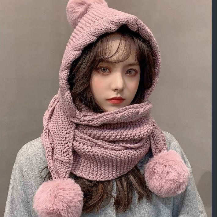 Korean Winter Hat Scarf Combo for Women Thick Knit Beanie with Pom Ear Flaps Bonnet for Extreme Cold Bucket hat for Women