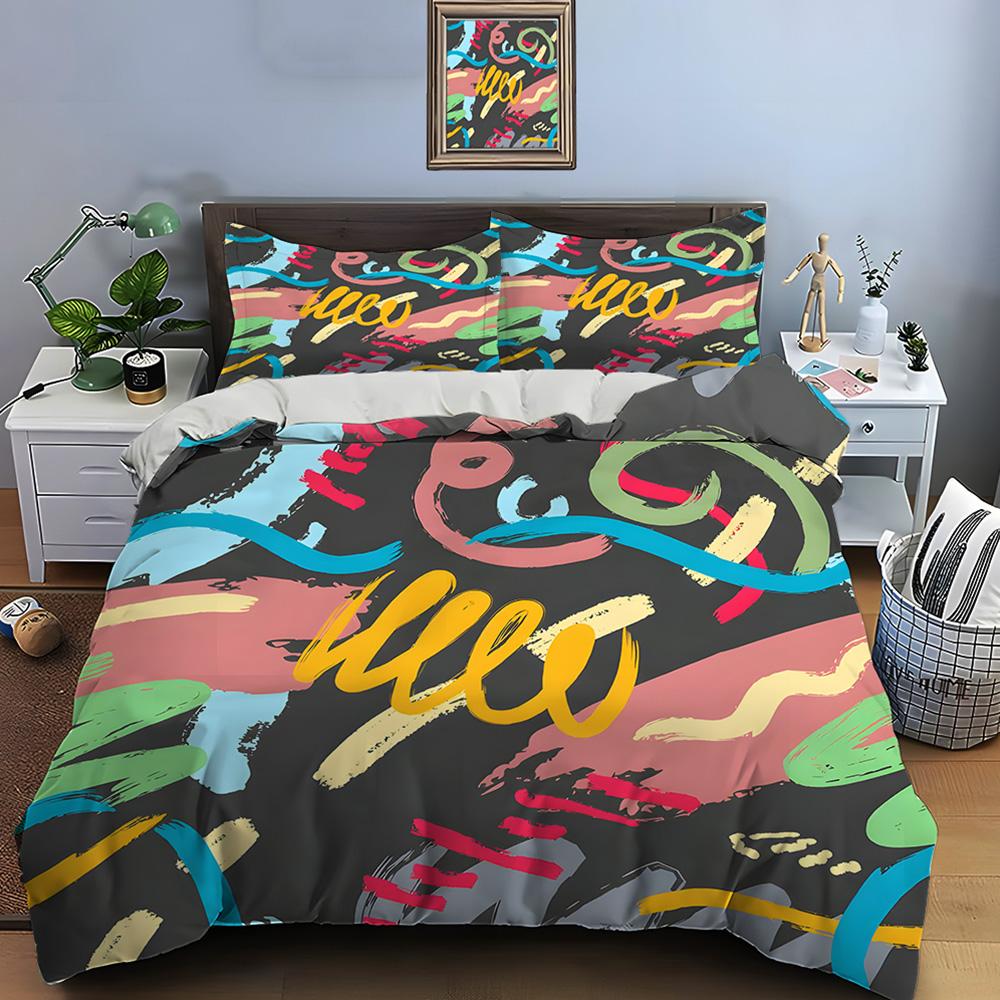Abstract Graffiti Colorful Strokes Bedding Set For Kids Luxury Gift 3Pcs Digital Print Comforter Set Soft Comfortable Breathable