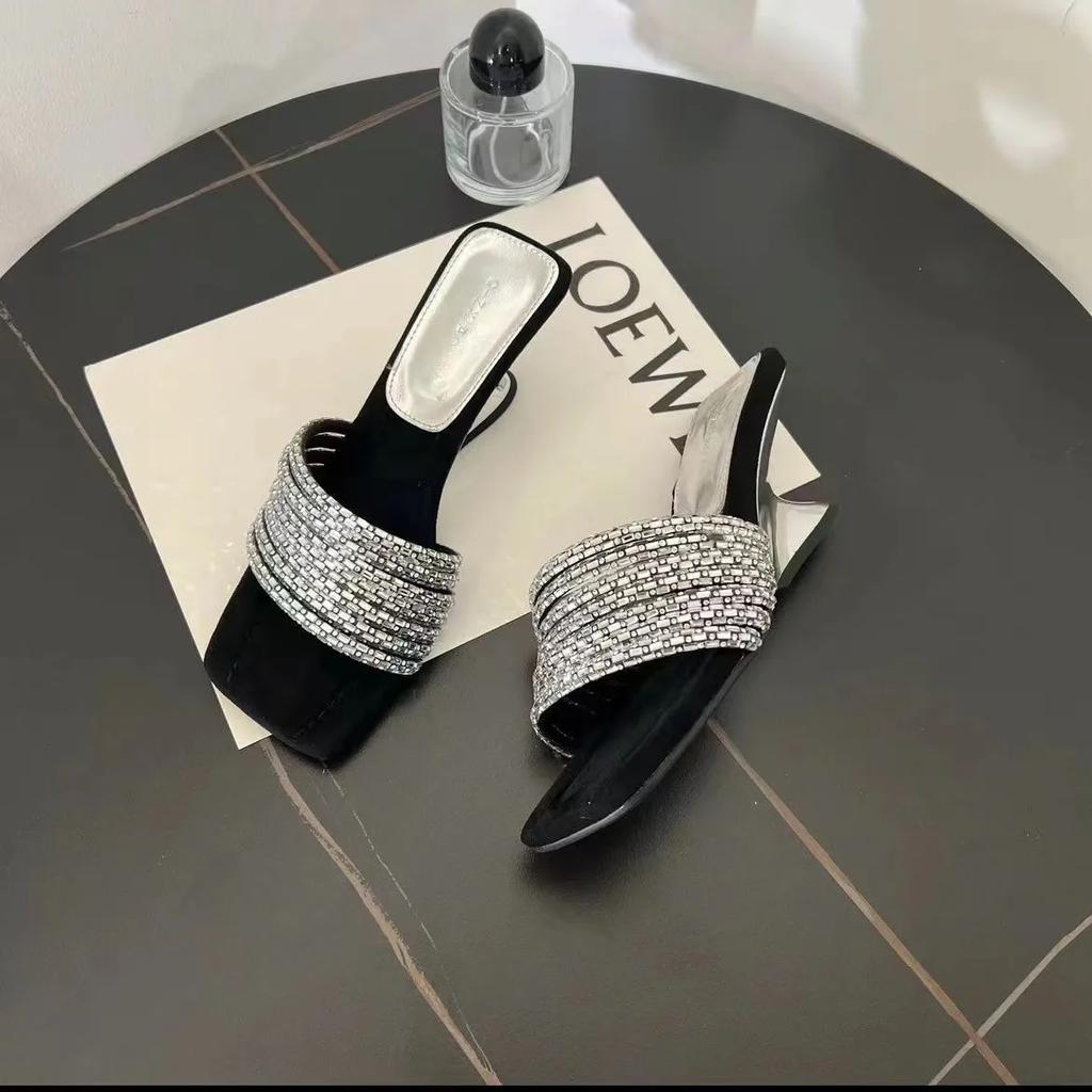 Shoes Woman 2025 Slippers Heels Luxury Slides Pantofle Rubber Flip Flops Square Toe Low Beige Heeled Sandals High Designer New