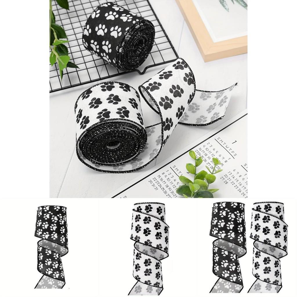 White Satin Ribbon With Black Paw Prints Perfect For Pet Themed Diy Projects And Decorations