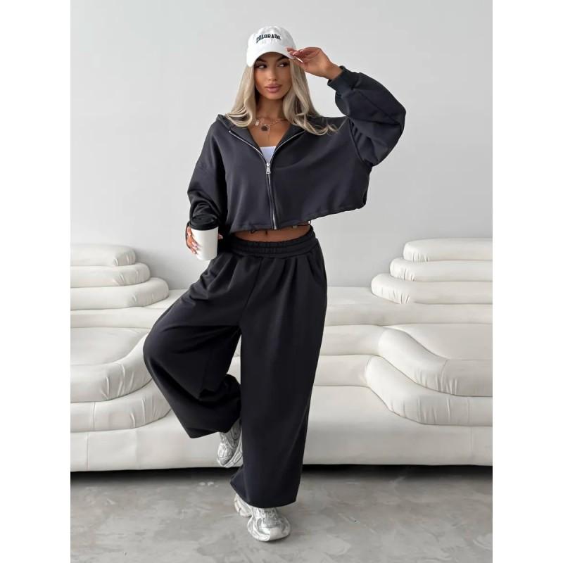 Womens Casual Two-Piece Set: Zip-Up Hoodie Top Drawstring Wide-Leg Pants Cotton Blend All-Season Streetwear