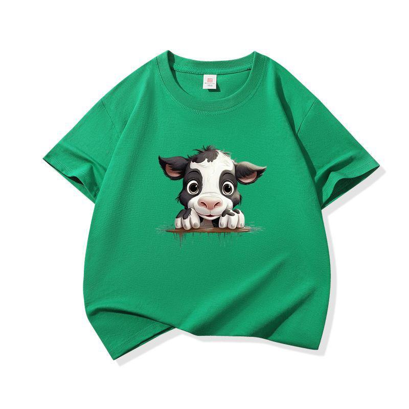 Kids Cotton T Shirt Black And White Cow Peeking Over Land Print Crew Neck Short Sleeve Tee Casual Boys Girls Summer Tops
