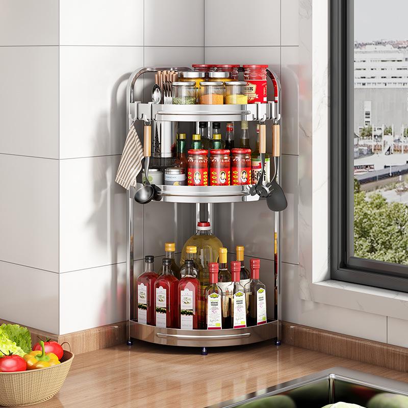 Stainless Steel Kitchen Corner Shelf for Oil, Sauce, Vinegar & Spices - Triangle Storage Rack with Knife Holder.