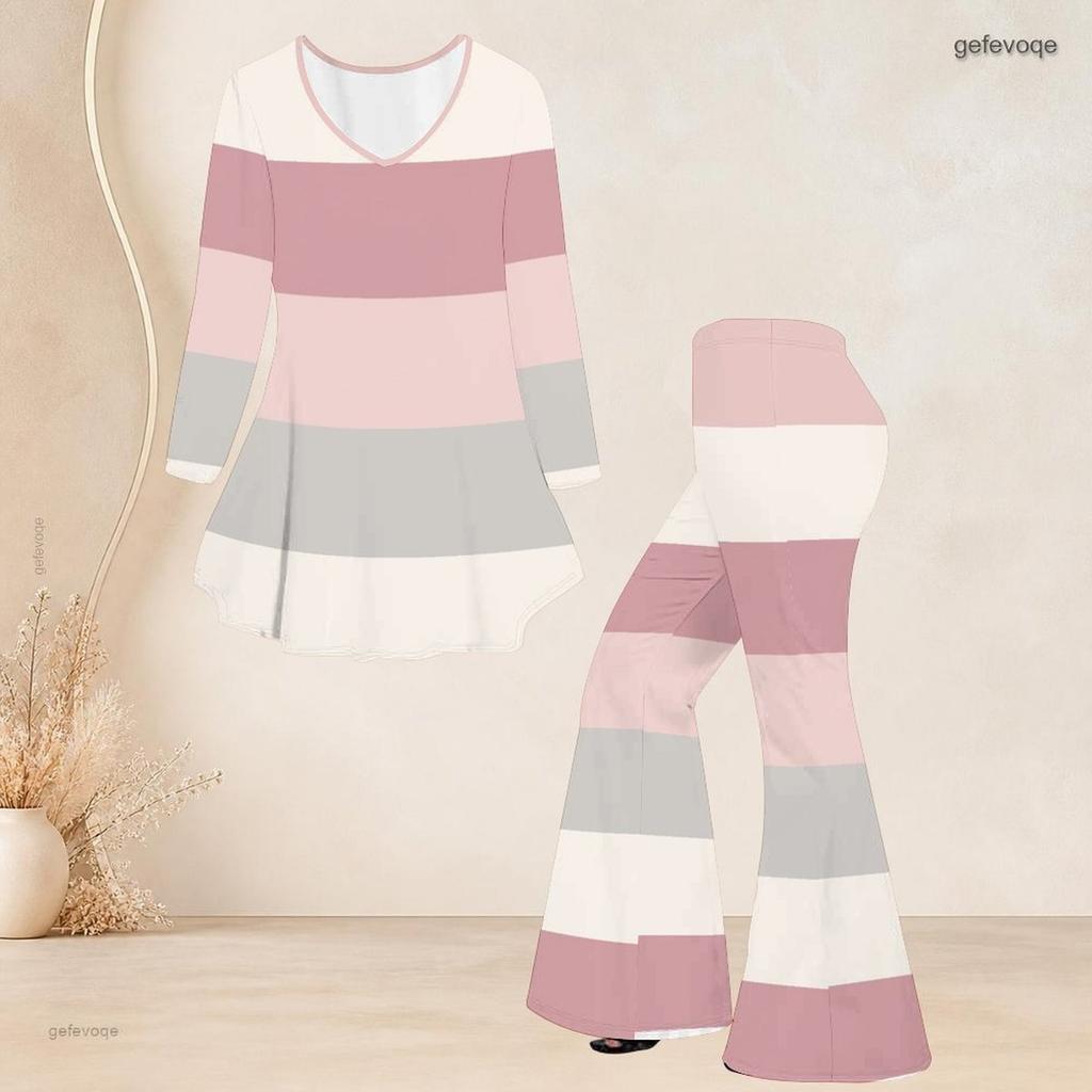Women Plus Size Printed Round Neck Three Quarter Sleeve Flared Top Flared Pants Two Piece Set