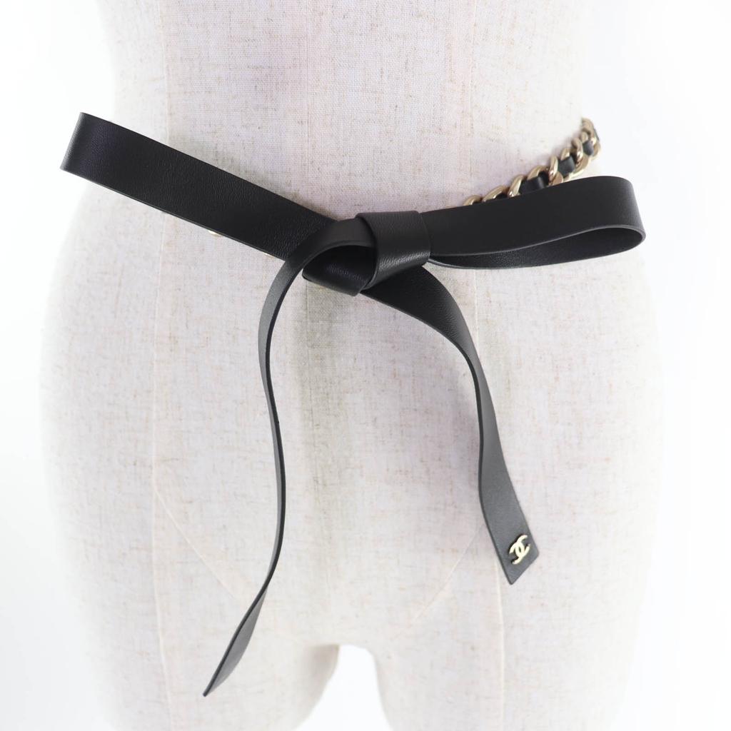 Great CHANEL Belt COCO Mark Leather Chain Ribbon Black Leather Women S B20C Used