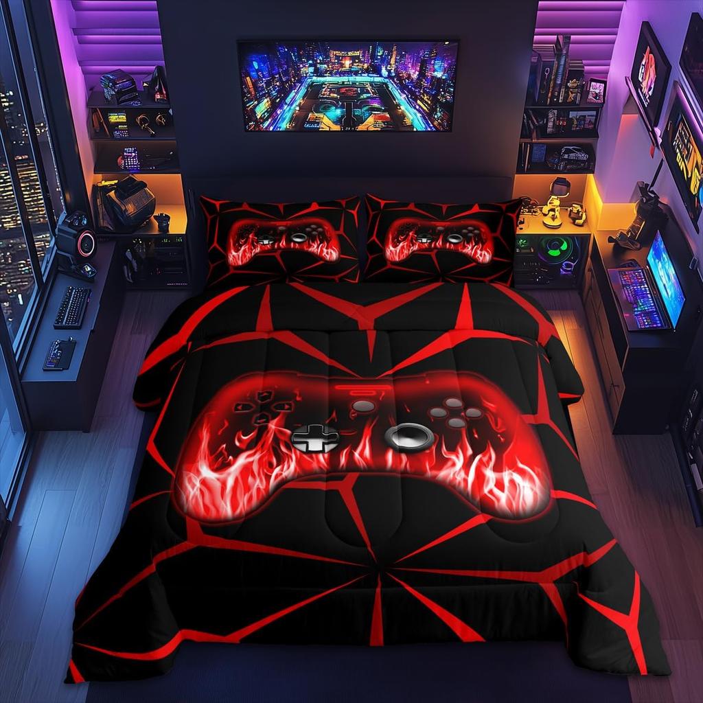 Boys Gamer Comforter Set3D Gaming Bedding Set Twin Size Room DecorRed and Black Video Game Geometric Gaming for Game Lovers