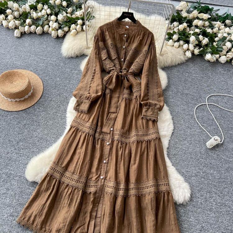 Sexy Vintage Lace Lace Up Glitter A Line Long Sleeve Beach Dress Chic Summer Vacation Vestidos for Women