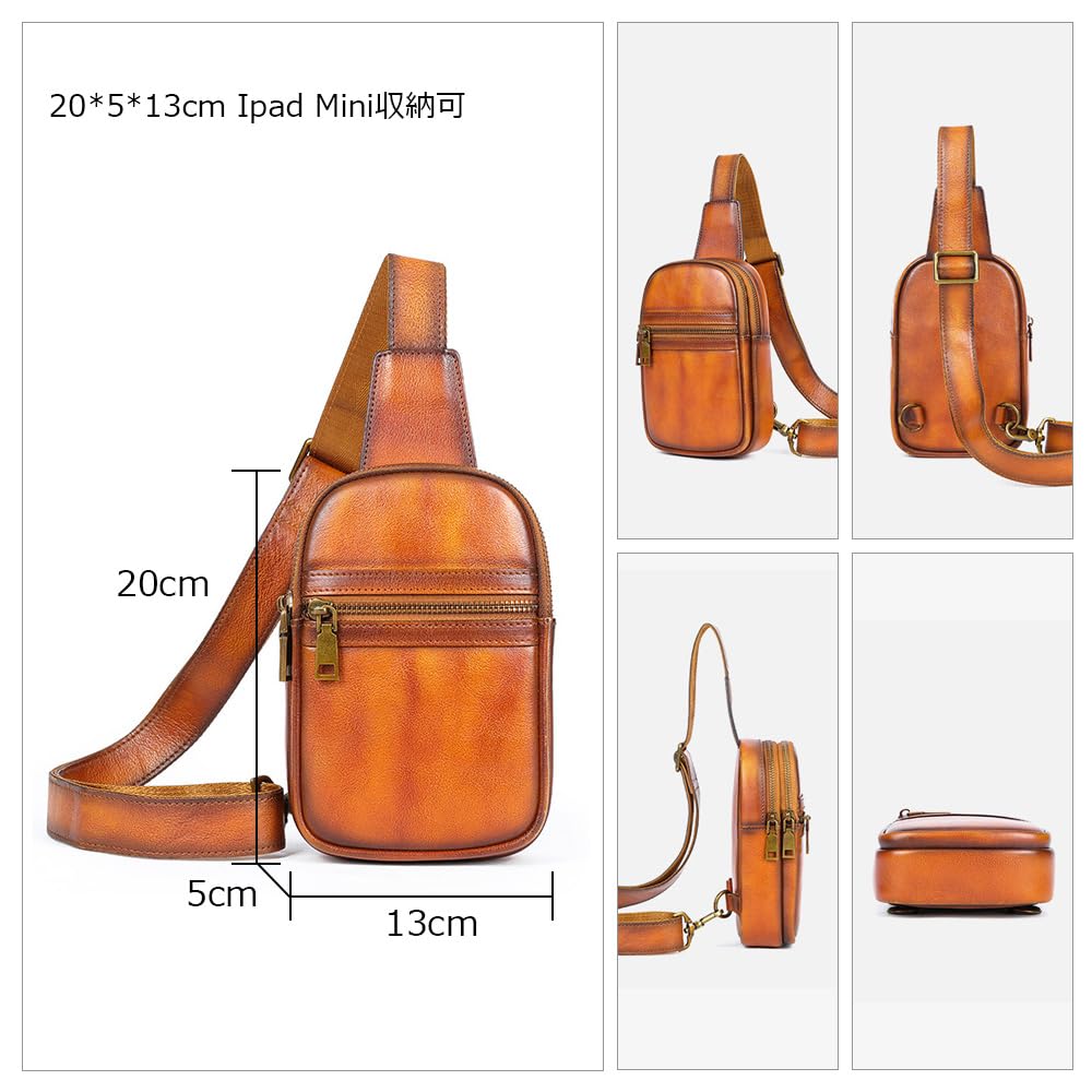 Whatna Antique-Style Tanned Natural Cowhide Leather One-Shoulder Bag for Men, 3-Way, Crossbody, Mini Body Bag, Chest Bag with Two Compartments,
