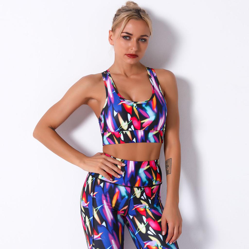 Digital Printed Color Floral Stripe Breathable Yoga Bra Women's Sports Running Fitness Wear
