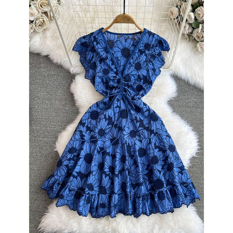 

Summer Fashion Flying Sleeves V Neck A- line Dress Drawstring Dark Blue XL