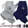 Sea‑graph Men Sweatpants Front Solid Leg Decor Print, Retro Nautical Anchor Badge Pattern Joggers for Cozy Weekend Outdoor Activities