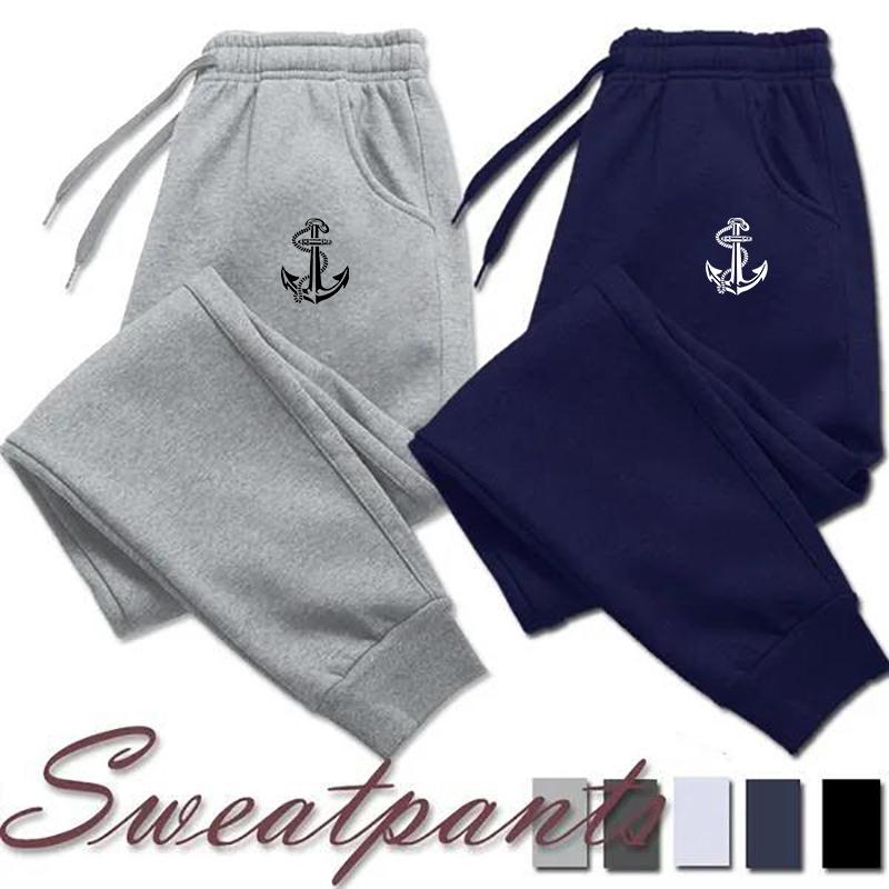 Sea‑graph Men Sweatpants Front Solid Leg Decor Print, Retro Nautical Anchor Badge Pattern Joggers for Cozy Weekend Outdoor Activities