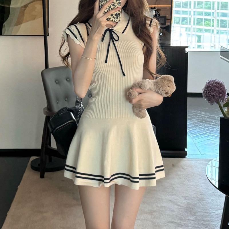 Women's White Short Sleeve Peter Pan Collar Bow Sundress Striped Hem Stretchy Ribbed Knit A-Line Mini Dress Casual Party Dress