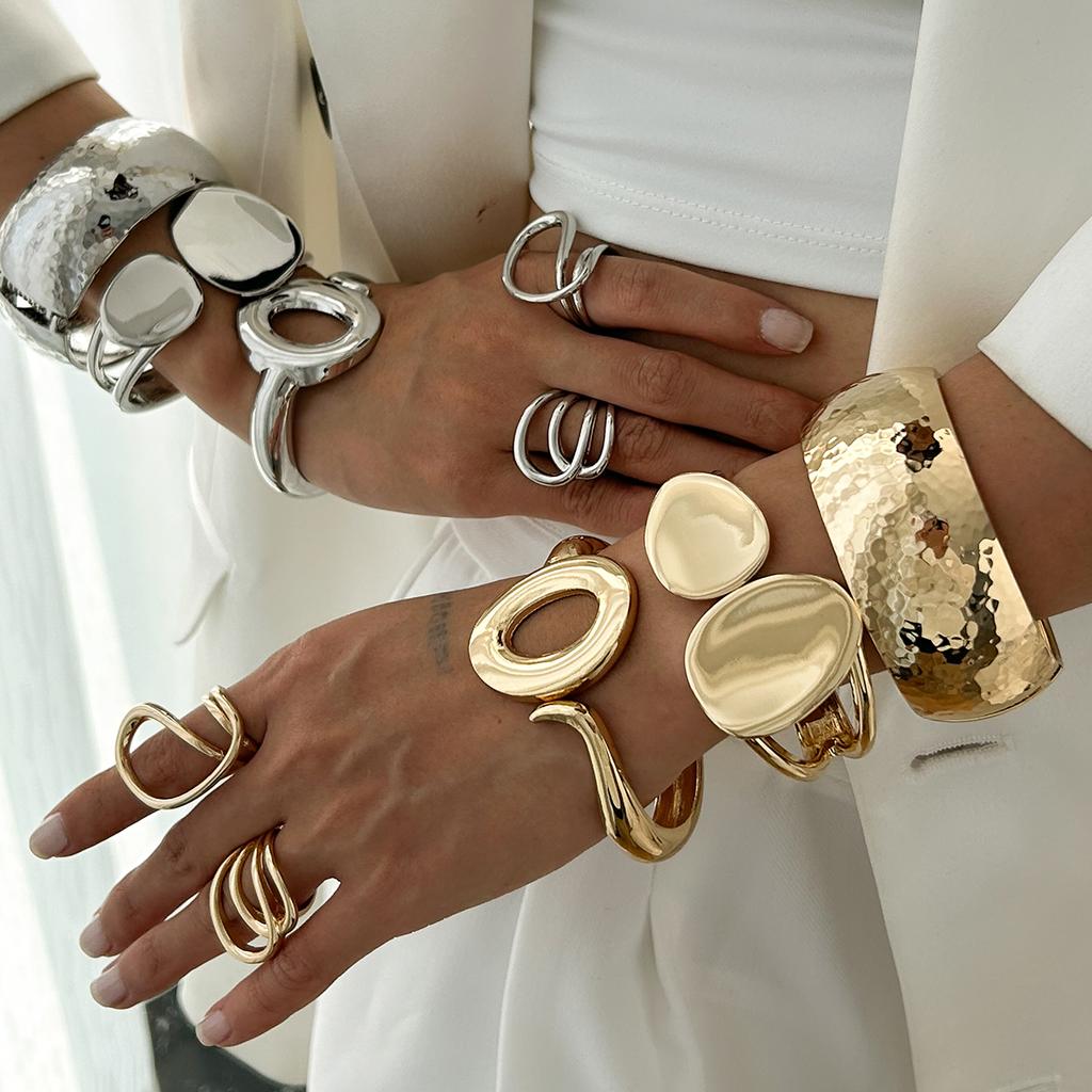 Ingemark Exaggerated Vintage Metal Wide Cuff Bangles Gold Color Geometric Hip Hop Bangles For Women Men Aesthetics Jewelry Gift
