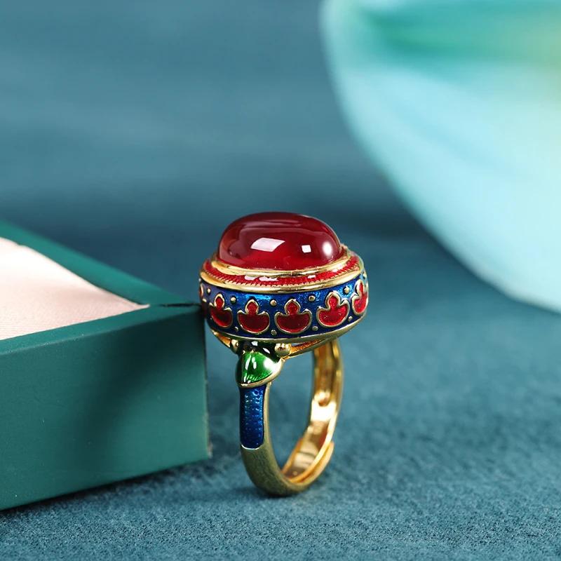 2024 New Original Ancient Craftsmanship Imitate Carnelian Rings for Women Flower Enamel National Style Wedding Jewelry