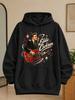 Unisex Hoodie Vintage Rockabilly Music Male Vocalist Playing Red Guitar At Microphone with Retro Stars Notes And Cream Script