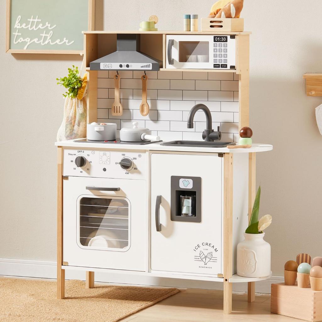 Tiny Land Kids Play Kitchen, Wooden Kids Play Kitchen Set, Chef Play Set with Realistic Lights and Sounds, Includes 18 Toy Food and Cooking Utensil