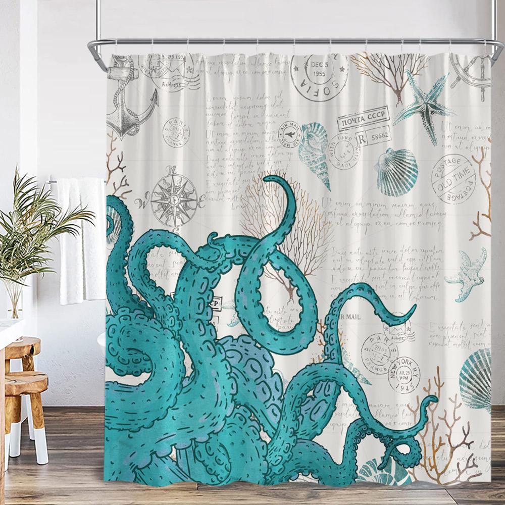 Cartoon Ocean Animals Watercolor Shower Curtains Octopus Turtle Jellyfish Whale Sea Bathroom Decorations Polyester Bath Curtains