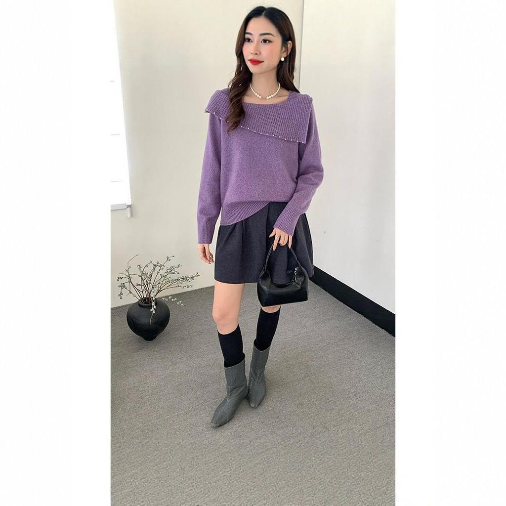 2026 Autumn Korean Style Elegant Beaded Lapel One-Shoulder Knit Sweater
