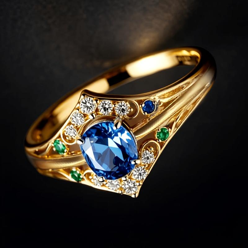 Vintage Elegant Inlaid Synthetic Zirconia Stone Two-Tone Gold-Blue Stone Copper Fashionable Personality Ring Colorful stones embellish the