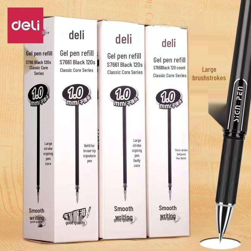 Deli 1.0 Thickened Core Bullet Tip Black Gel Pen Refill, Pull-Off Cap, S766
