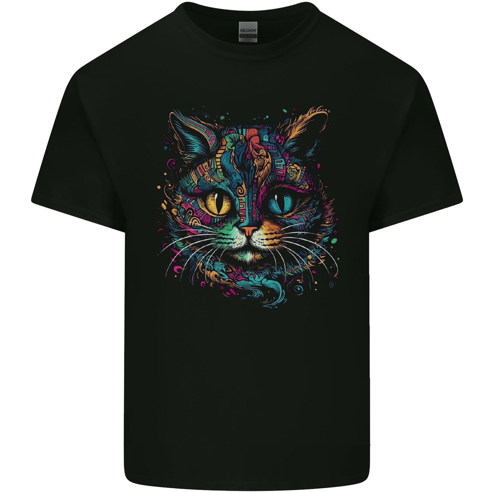 Multicoloured Tribal Fantasy Cat Mens Light Cotton T-Shirt Mens Womens Tees Top L