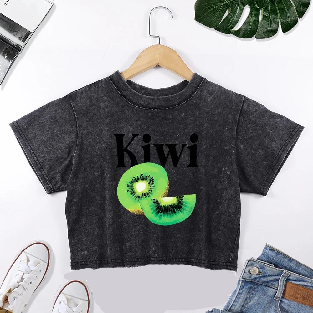 

Green Kiwi Fruit Print Women Lace Washed Slim T-Shirt Summer Casual Short Sleeve Cotton Y2K T Shirts Soft Fashion Tee Tops M