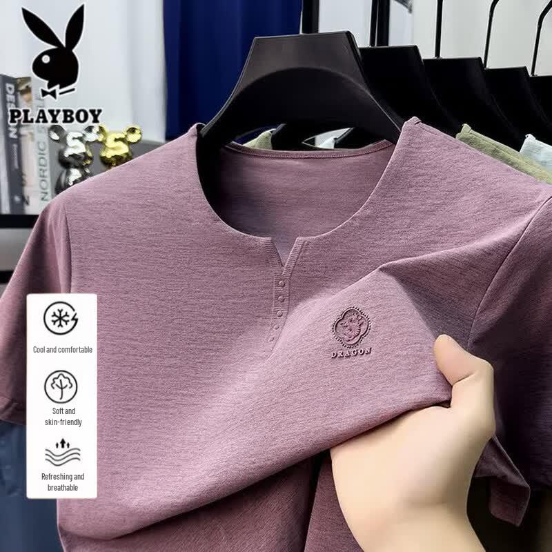 PLAYBOY Men s Ice Silk Short Sleeve V-Neck T-Shirt 58