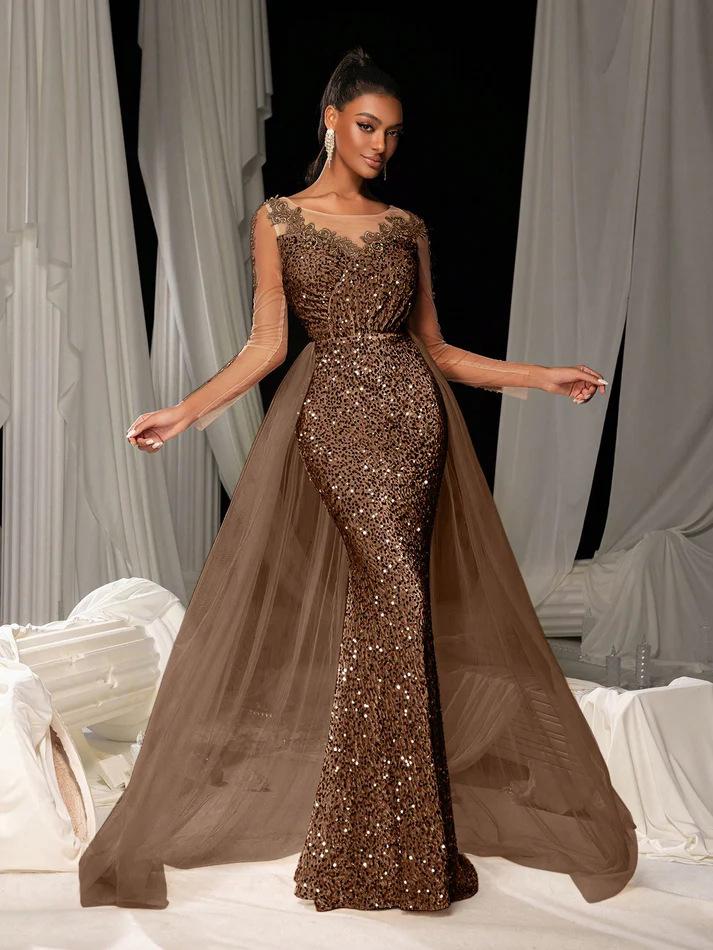 Women's V Neck Long Sleeve Mermaid Maxi Dress Slim Fit Mid Waist Lace Sequin Tulle Train Elegant Summer Party Evening Gown