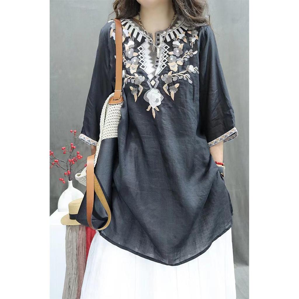 Women's's Summer Floral Embroidery Long Blouse Vintage Thin Split Shirts Medium To Long Loose Cotton Linen Shirt